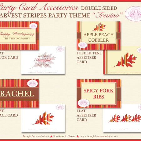 Harvest Stripes Thanksgiving Party Favor Card Tent Appetizer Place Food Dinner Autumn Leaf Fall Red Boogie Bear Invitations Trevino Theme