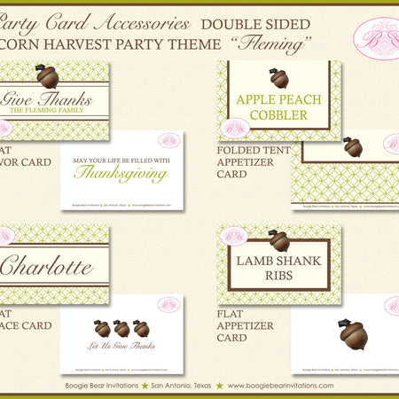Acorn Thanksgiving Party Favor Card Tent Appetizer Place Food Autumn Fall Harvest Green Brown Rustic Boogie Bear Invitations Fleming Theme