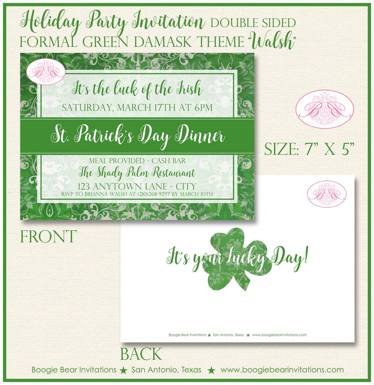 St. Patrick's Day Party Invitation Irish Green Lucky Formal Damask Hol –  Boogie Bear Invitations, image size:1500x1545