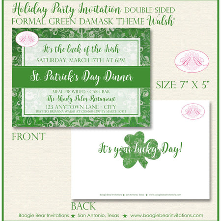 St. Patrick's Day Party Invitation Irish Green Lucky Formal Damask Holiday Boogie Bear Invitations Walsh Theme Paperless Printable Printed