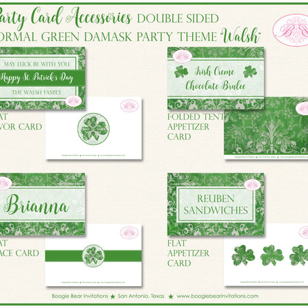 St. Patrick's Day Favor Party Card Appetizer Tent Place Food Tag Irish Lucky Formal Green Damask Holiday Boogie Bear Invitations Walsh Theme