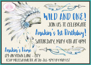 Blue Headdress Birthday Party Invitation Boy Teepee Arrow Pow Wow Tipi Wild Boogie Bear Invitations Anakin Theme Paperless Printable Printed
