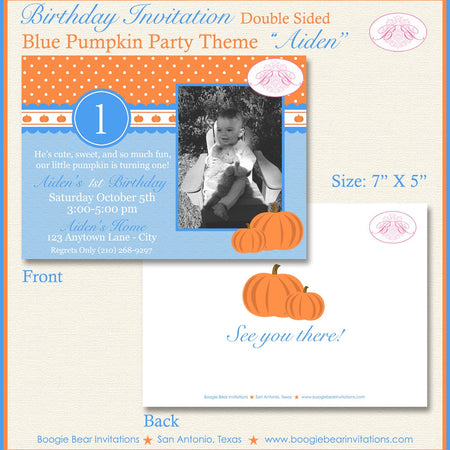 Little Blue Pumpkin Party Invitation Birthday Photo Fall Boy Farm Barn Ranch Boogie Bear Invitations Aiden Theme Paperless Printable Printed