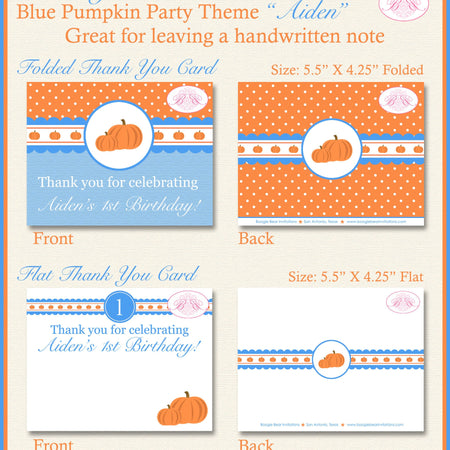 Blue Pumpkin Party Thank You Card Note Birthday Boy Autumn Harvest Orange Fall Farm Ranch 1st Boogie Bear Invitations Aiden Theme Printed