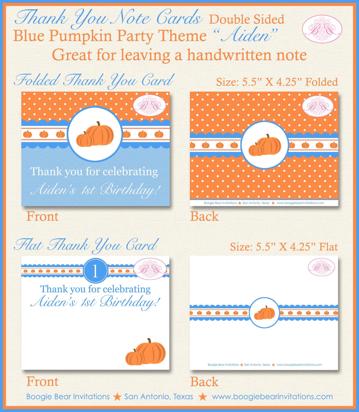 Blue Pumpkin Party Thank You Card Note Birthday Boy Autumn Harvest Orange Fall Farm Ranch 1st Boogie Bear Invitations Aiden Theme Printed