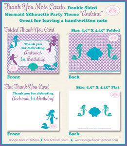 Mermaid Pool Thank You Card Birthday Party Note Purple Blue Green Girl Ocean Beach Swimming Boogie Bear Invitations Andrina Theme Printed