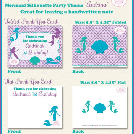 Mermaid Pool Thank You Card Birthday Party Note Purple Blue Green Girl Ocean Beach Swimming Boogie Bear Invitations Andrina Theme Printed