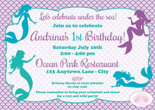 Load image into Gallery viewer, Mermaid Pool Birthday Party Invitation Purple Teal Ocean Beach Swimming Boogie Bear Invitations Andrina Theme Paperless Printable Printed