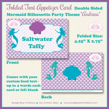 Load image into Gallery viewer, Mermaid Birthday Party Favor Card Tent Place Food Appetizer Purple Green Blue Ocean Beach Swim Boogie Bear Invitations Andrina Theme Printed