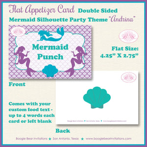 Mermaid Birthday Party Favor Card Tent Place Food Appetizer Purple Green Blue Ocean Beach Swim Boogie Bear Invitations Andrina Theme Printed