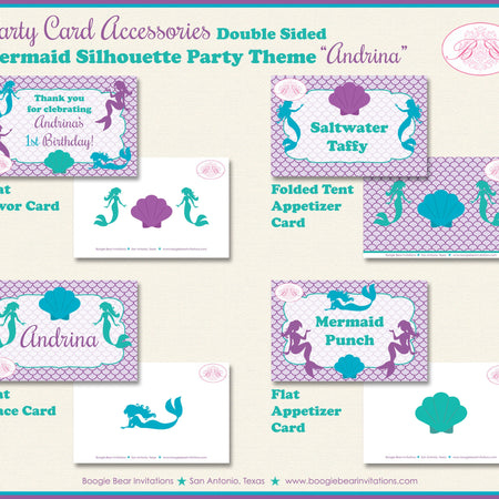 Mermaid Birthday Party Favor Card Tent Place Food Appetizer Purple Green Blue Ocean Beach Swim Boogie Bear Invitations Andrina Theme Printed