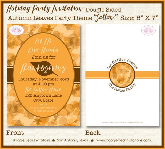 Autumn Leaves Thanksgiving Party Invitation Dinner Formal Fall Brown Orange Boogie Bear Invitations Sutton Theme Paperless Printable Printed