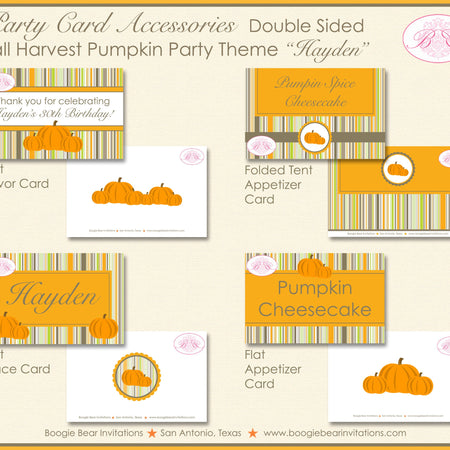 Fall Pumpkin Party Favor Card Tent Appetizer Place Food Tag Birthday Farm Harvest Rustic Autumn Orange Boogie Bear Invitations Hayden Theme
