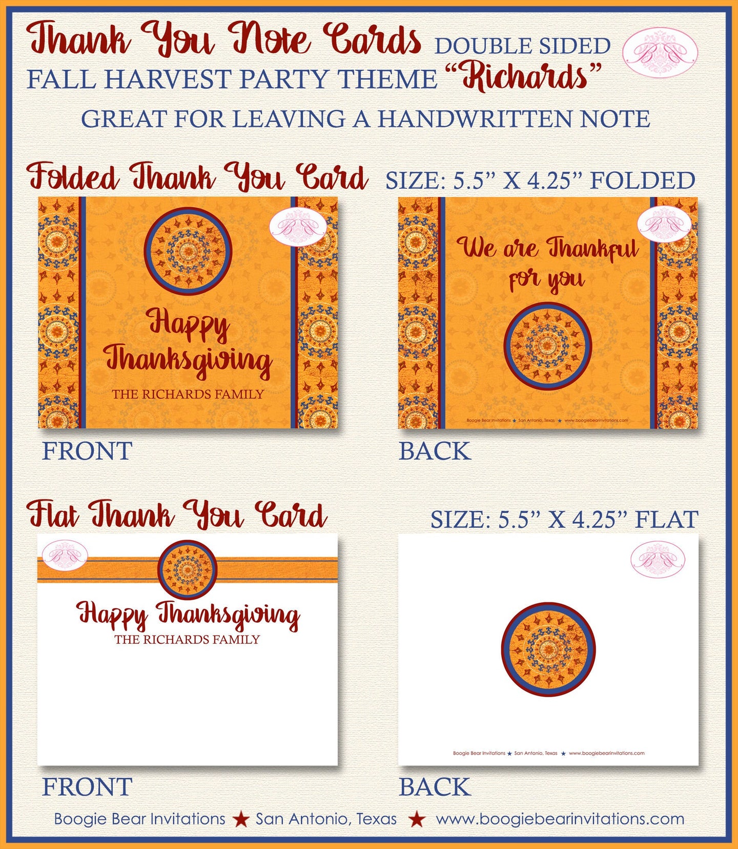 Thanksgiving Dinner Thank You Cards Flat Folded Note Medallion Stone Harvest Gold Fall Autumn Boogie Bear Invitations Richards Theme Printed