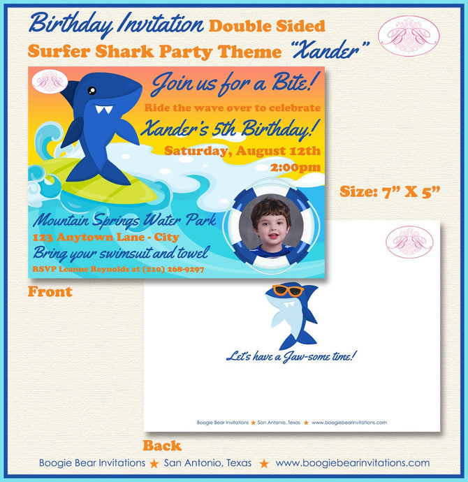 Surfer Shark Birthday Party Invitation Photo Swimming Ocean Beach Swim Pool Boogie Bear Invitations Xander Theme Paperless Printable Printed