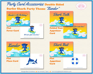 Surfer Shark Birthday Party Favor Card Tent Place Appetizer Food Sign Swimming Pool Ocean Splash Beach Boogie Bear Invitations Xander Theme