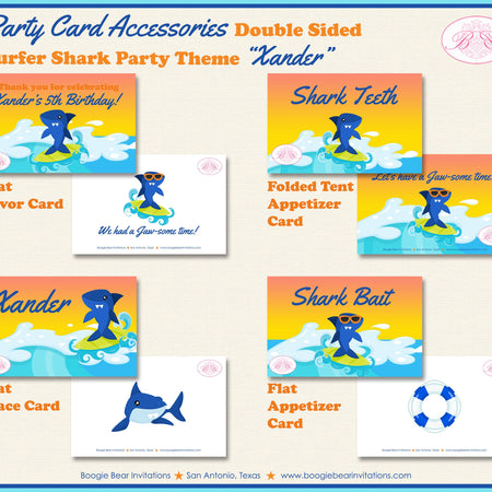 Surfer Shark Birthday Party Favor Card Tent Place Appetizer Food Sign Swimming Pool Ocean Splash Beach Boogie Bear Invitations Xander Theme