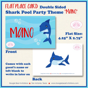 Shark Pool Birthday Party Favor Card Tent Place Appetizer Food Sign Swimming Ocean Beach Blue Red Splash Boogie Bear Invitations Mano Theme