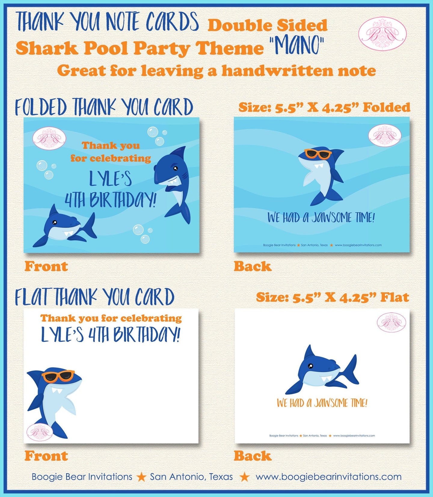 Shark Pool Birthday Party Thank You Card Swimming Ocean Beach Blue Orange Fish Swim Wave Splash Boogie Bear Invitations Lyle Theme Printed