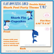 Load image into Gallery viewer, Shark Pool Birthday Party Favor Card Tent Place Appetizer Food Sign Swim Ocean Beach Blue Orange Splash Boogie Bear Invitations Lyle Theme