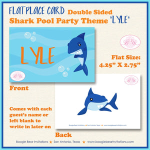 Shark Pool Birthday Party Favor Card Tent Place Appetizer Food Sign Swim Ocean Beach Blue Orange Splash Boogie Bear Invitations Lyle Theme