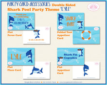 Load image into Gallery viewer, Shark Pool Birthday Party Favor Card Tent Place Appetizer Food Sign Swim Ocean Beach Blue Orange Splash Boogie Bear Invitations Lyle Theme