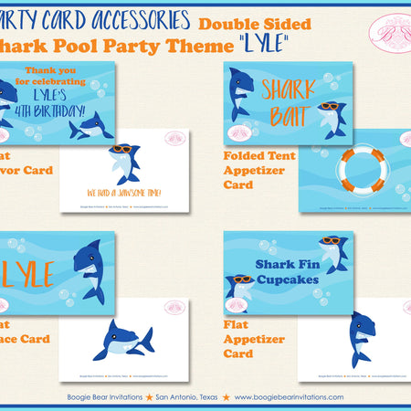 Shark Pool Birthday Party Favor Card Tent Place Appetizer Food Sign Swim Ocean Beach Blue Orange Splash Boogie Bear Invitations Lyle Theme