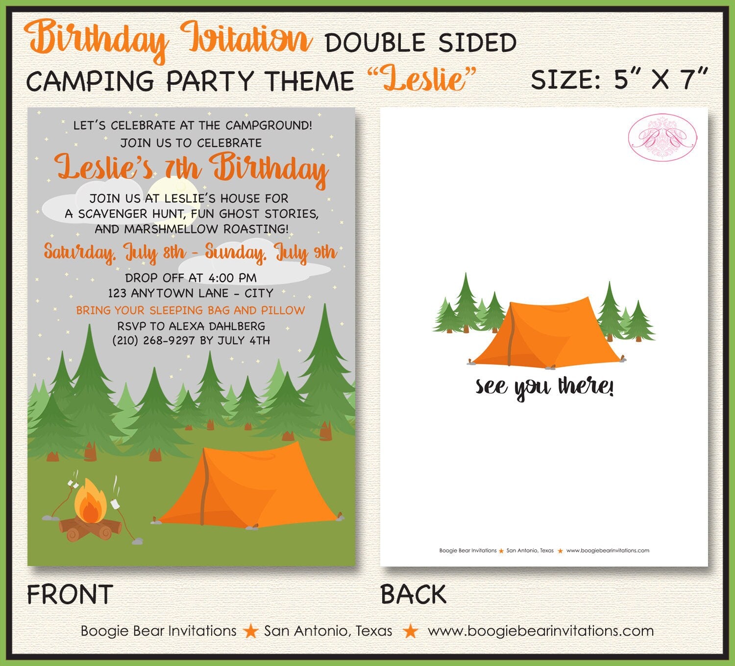 Camping Forest Birthday Party Invitation Tent Campfire S'mores Camp Tr –  Boogie Bear Invitations, image size:1500x1360