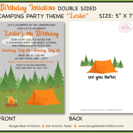 Camping Forest Birthday Party Invitation Tent Campfire S'mores Camp Trees Boogie Bear Invitations Leslie Theme Paperless Printable Printed