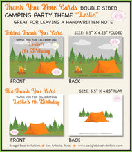 Load image into Gallery viewer, Camping Forest Birthday Party Thank You Card Boy Girl Note Tent Campfire S&#39;mores Camp Trees Kid Boogie Bear Invitations Leslie Theme Printed