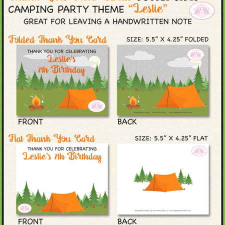 Camping Forest Birthday Party Thank You Card Boy Girl Note Tent Campfire S'mores Camp Trees Kid Boogie Bear Invitations Leslie Theme Printed