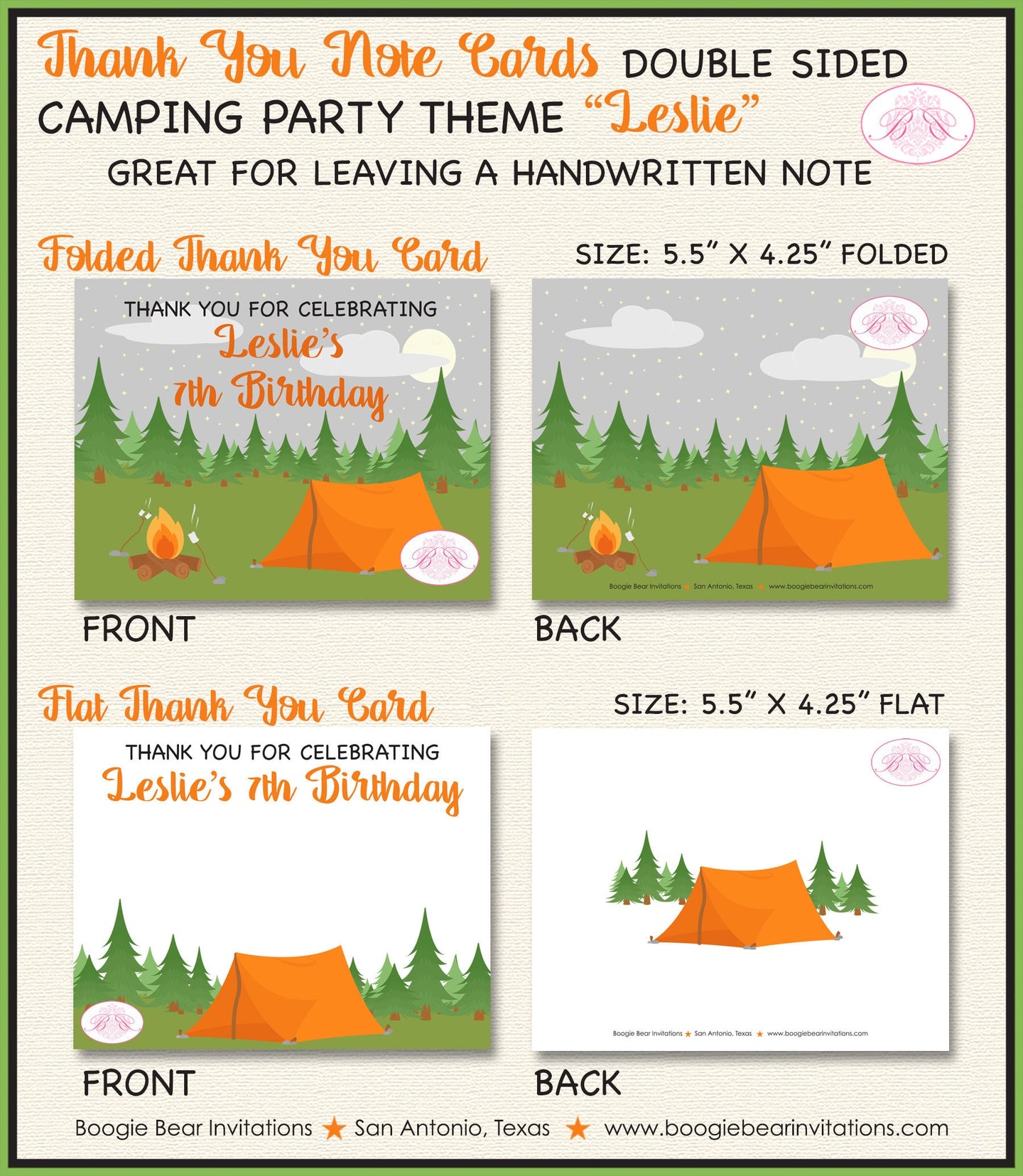Camping Forest Birthday Party Thank You Card Boy Girl Note Tent Campfire S'mores Camp Trees Kid Boogie Bear Invitations Leslie Theme Printed