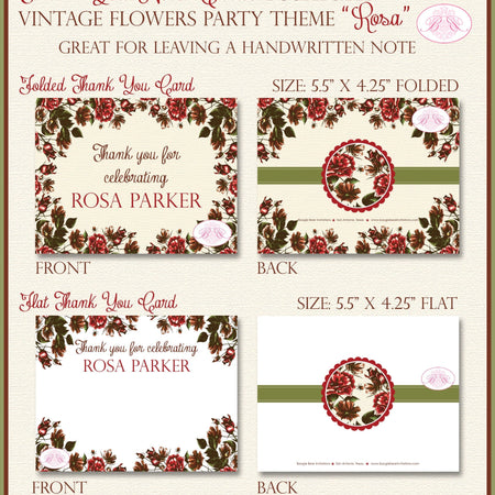 Rose Garden Birthday Party Thank You Card Boy Girl Note Vintage Flowers Red Green Valentines Day Boogie Bear Invitations Rosa Theme Printed