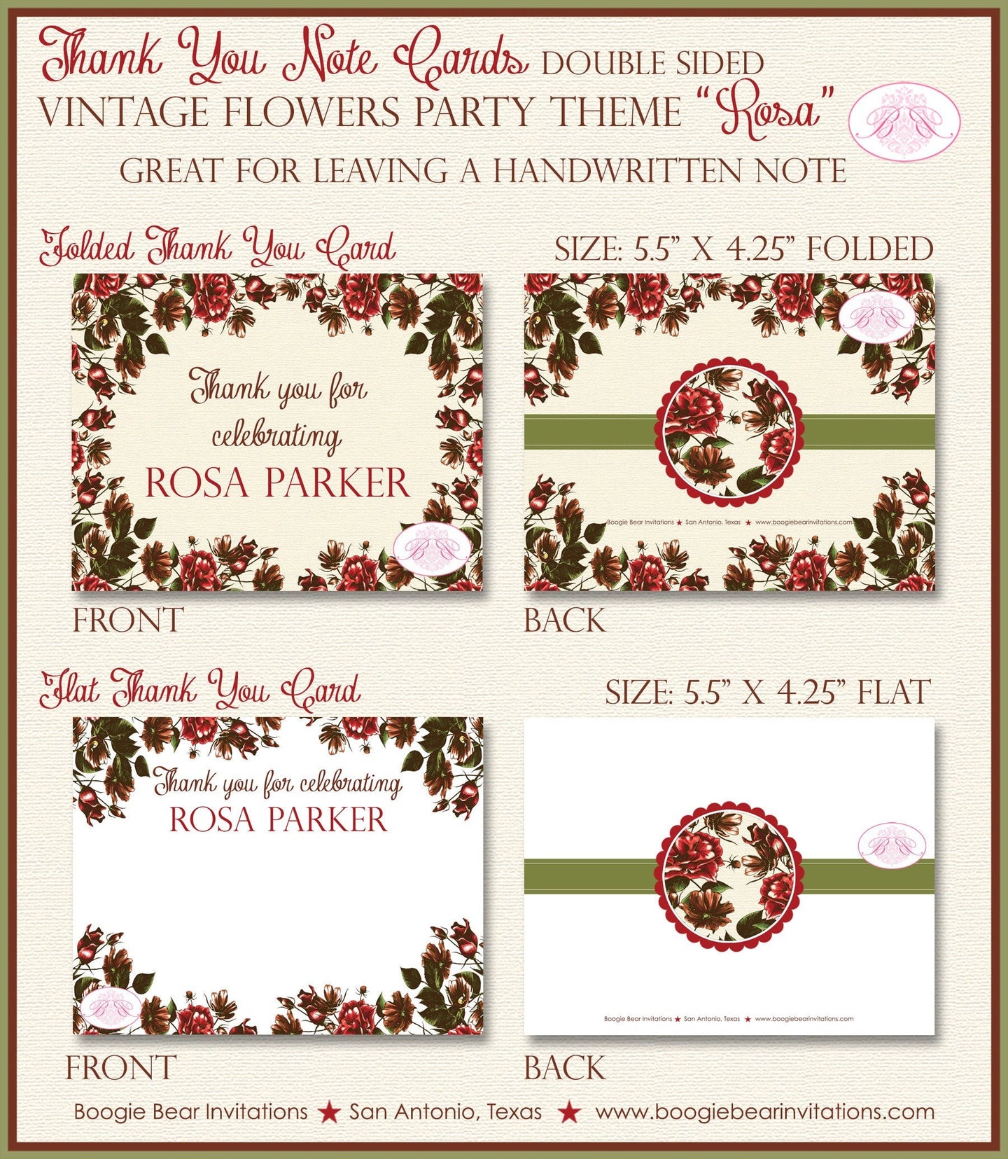 Rose Garden Birthday Party Thank You Card Boy Girl Note Vintage Flowers Red Green Valentines Day Boogie Bear Invitations Rosa Theme Printed