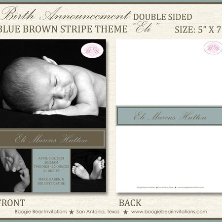 Elegant Boy Photo Birth Announcement New Baby Date Height Weight Blue Brown Boogie Bear Invitations Eli Theme Paperless Printable Printed
