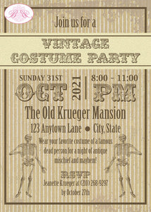 Skeleton Halloween Party Invitation Costume Brown Haunted Anitque Vintage Boogie Bear Invitations Krueger Theme Paperless Printable Printed