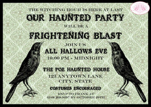 Load image into Gallery viewer, Spooky Raven Halloween Party Invitation Haunted House Skull Black Bird Crow Boogie Bear Invitations Poe Theme Paperless Printable Printed