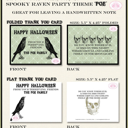 Spooky Raven Party Thank You Card Note Halloween Haunted House Rustic Skull Black Bird Crow Boogie Bear Invitations Poe Theme Printed
