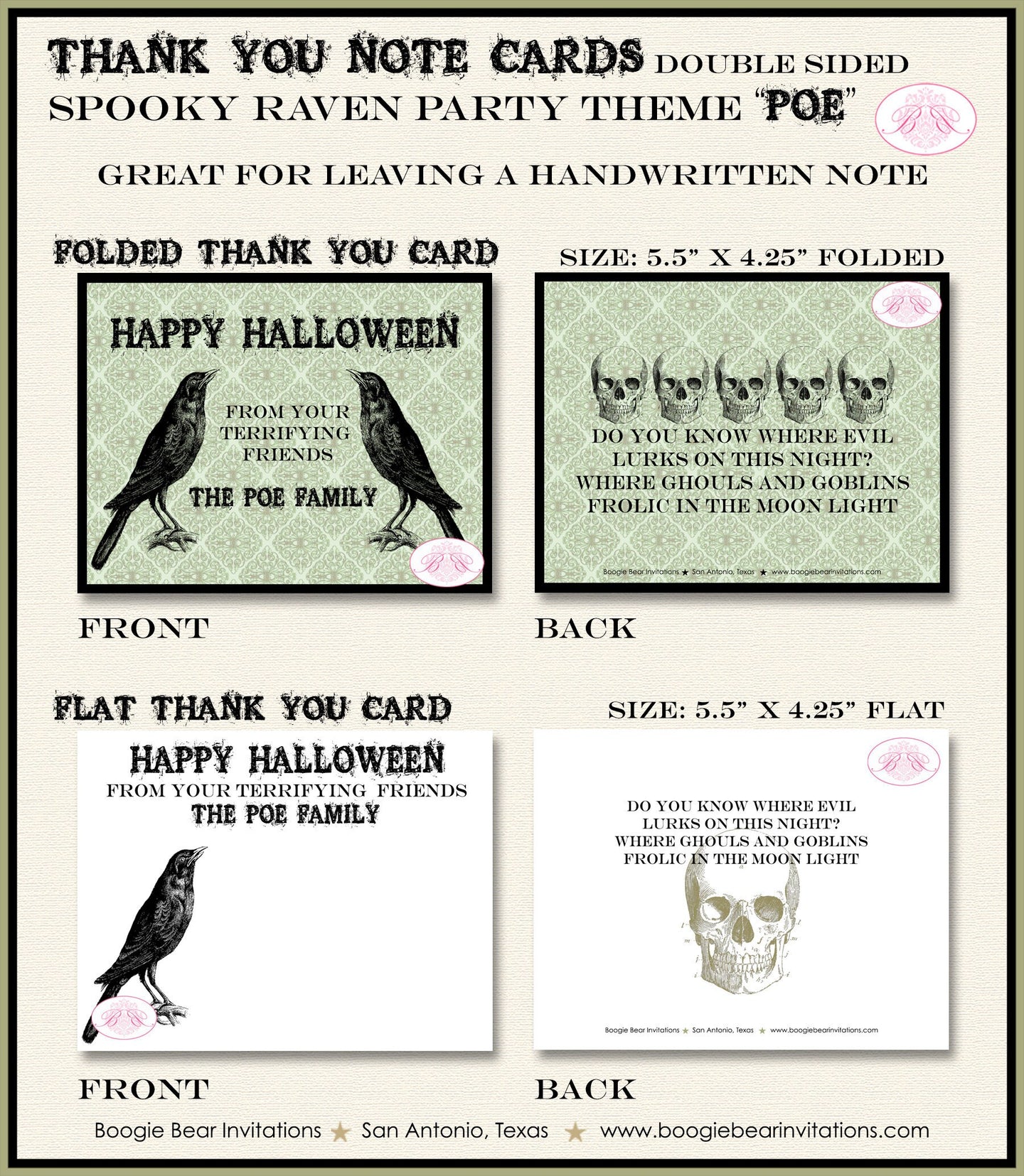 Spooky Raven Party Thank You Card Note Halloween Haunted House Rustic Skull Black Bird Crow Boogie Bear Invitations Poe Theme Printed