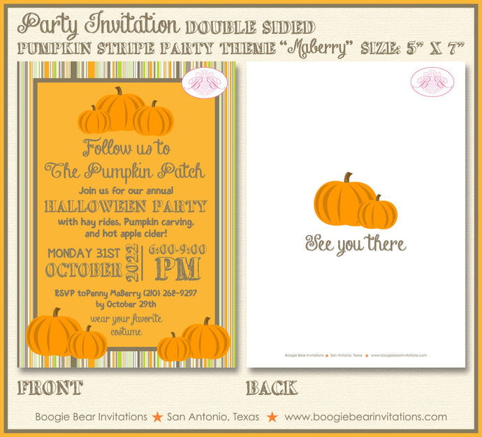 Halloween Pumpkin Party Invitation Fall Harvest Patch Rustic Farm Stripe Boogie Bear Invitations Maberry Theme Paperless Printable Printed