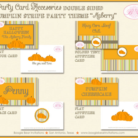 Halloween Pumpkin Party Favor Card Tent Appetizer Place Food Tag Fall Harvest Patch Rustic Farm Stripe Boogie Bear Invitations Maberry Theme