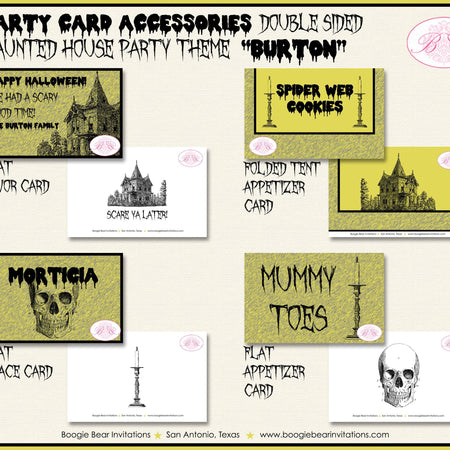 Haunted House Party Favor Card Tent Appetizer Place Food Tag Halloween Scary Skull Black Yellow Boogie Bear Invitations Burton Theme Printed