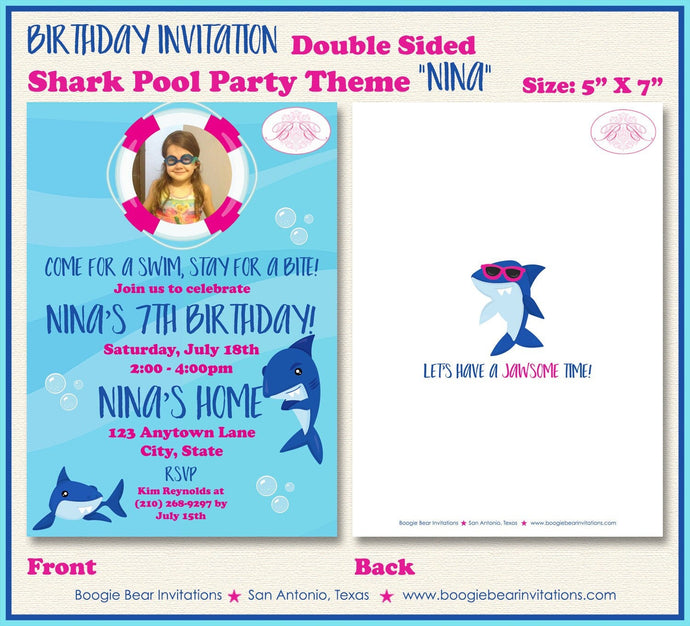 Shark Pool Birthday Party Invitation Photo Pink Girl Swimming Splash Ocean Boogie Bear Invitations Nina Theme Paperless Printable Printed