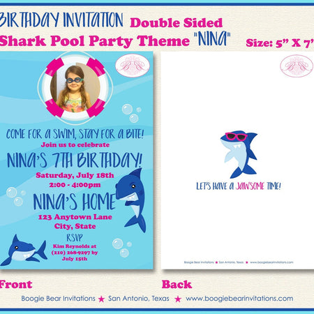Shark Pool Birthday Party Invitation Photo Pink Girl Swimming Splash Ocean Boogie Bear Invitations Nina Theme Paperless Printable Printed