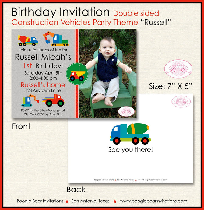 Construction Birthday Party Invitation Vehicles Photo Boy Caution Dump Car Boogie Bear Invitations Russell Theme Paperless Printable Printed