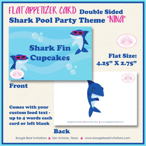 Shark Pool Birthday Party Favor Card Tent Place Appetizer Food Sign Pink Girl Swimming Ocean Beach Splash Boogie Bear Invitations Nina Theme