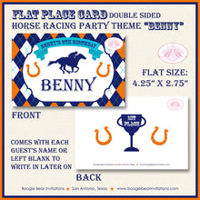 Load image into Gallery viewer, Horse Racing Birthday Party Favor Card Tent Appetizer Place Sign Orange Blue Kentucky Derby Jockey Track Boogie Bear Invitations Benny Theme