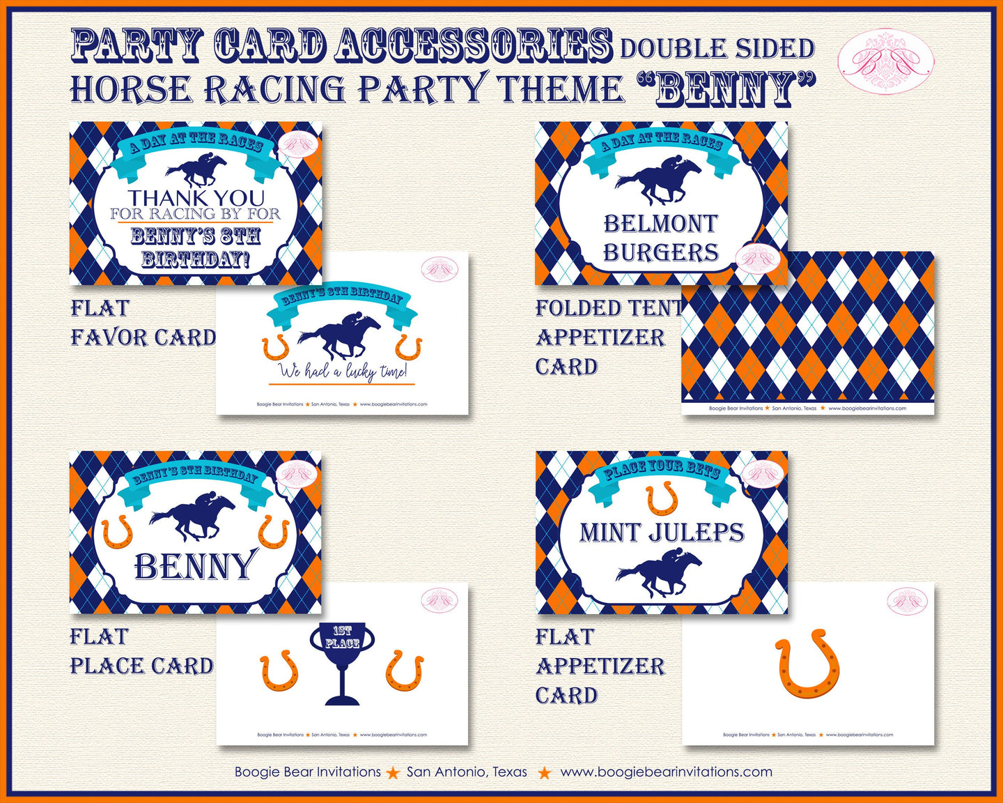Horse Racing Birthday Party Favor Card Tent Appetizer Place Sign Orange Blue Kentucky Derby Jockey Track Boogie Bear Invitations Benny Theme