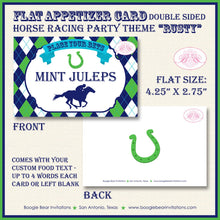 Load image into Gallery viewer, Horse Racing Birthday Party Favor Card Tent Appetizer Place Sign Green Blue Kentucky Derby Jockey Track Boogie Bear Invitations Rusty Theme