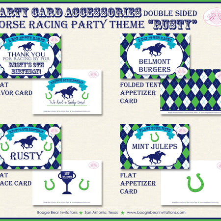 Horse Racing Birthday Party Favor Card Tent Appetizer Place Sign Green Blue Kentucky Derby Jockey Track Boogie Bear Invitations Rusty Theme